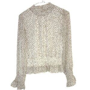 Japna Brown Cream Polka Dot Long Sleeve Romantic Feminine Ruffled Blouse Medium